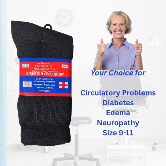 Black Crew Diabetes Diabetic Socks Neuropathy Edema Cotton Size 9-11 New - Picture 2 of 6